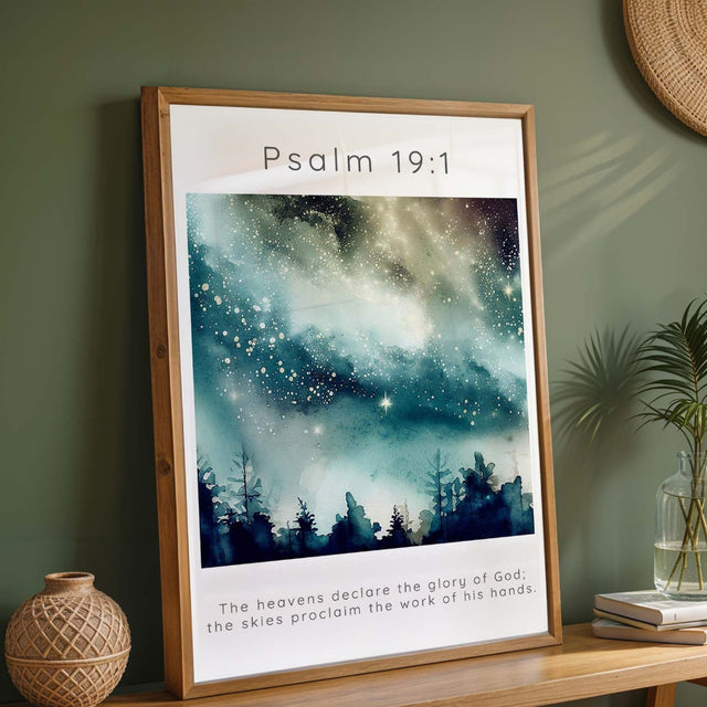 Psalm 19:1 – Faith-inspired home decor with blue night sky and shining stars.