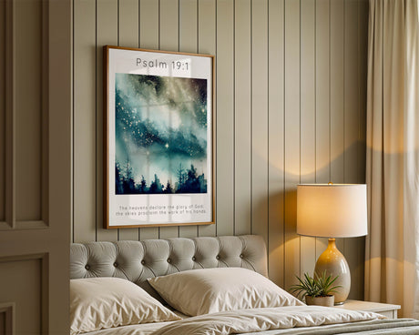 Psalm 19:1 – The heavens declare the glory of God Bible verse print with watercolour night sky.