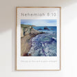 Blue-toned beach wall art with “The joy of the Lord is your strength” – a comforting Christian gift idea.
