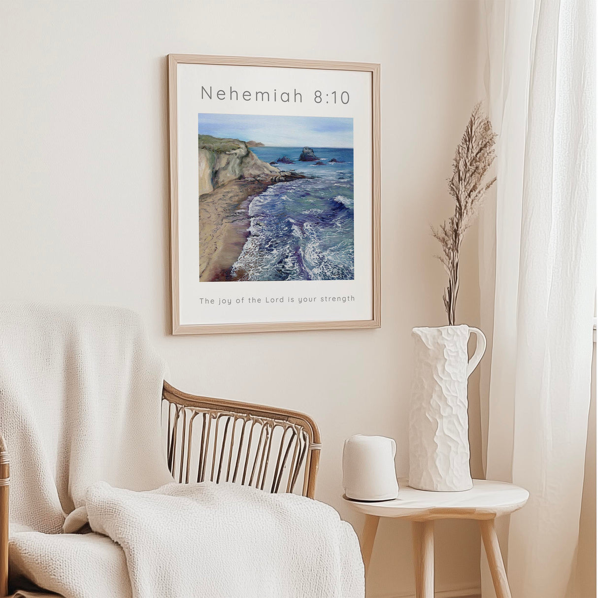 Coastal Christian art print with Nehemiah 8:10, perfect for encouragement and daily faith reminders.
