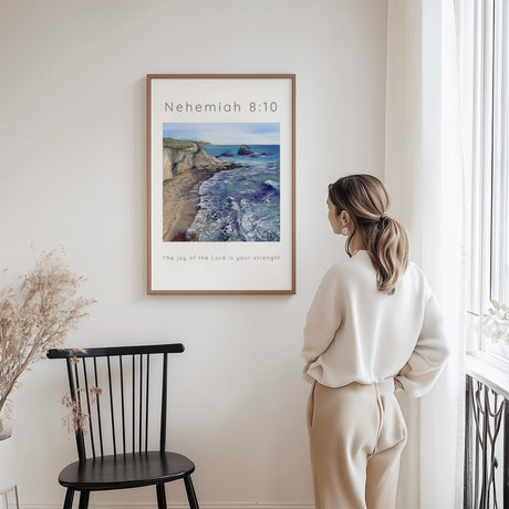 Blue beach scene Bible verse print, ideal for a prayer space or Christian home decor.