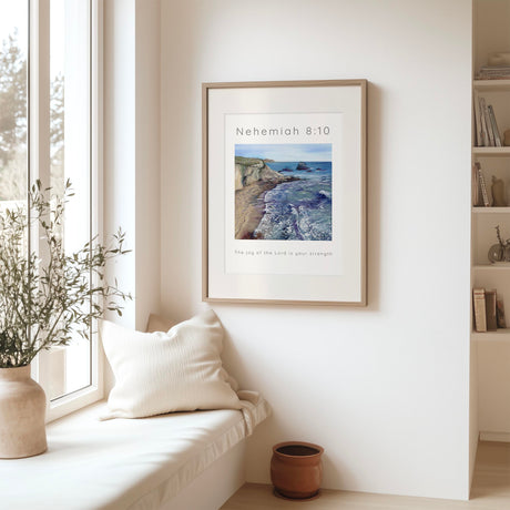 Nehemiah 8:10 scripture print with a seaside scene to bring peace, strength, and joy into your space.