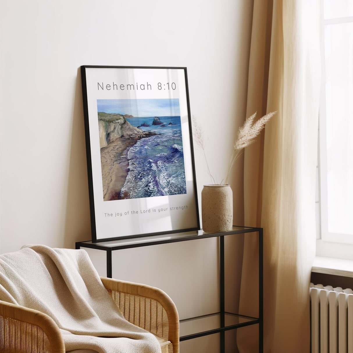 Christian art print of the sea and cliffs with an uplifting Bible verse from Nehemiah for strength and hope.