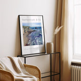 Christian art print of the sea and cliffs with an uplifting Bible verse from Nehemiah for strength and hope.