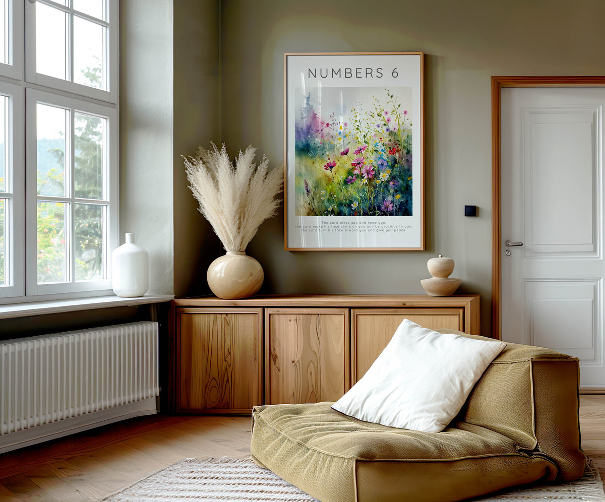 Numbers 6:24-26 – Christian wall art with floral meadow illustration.