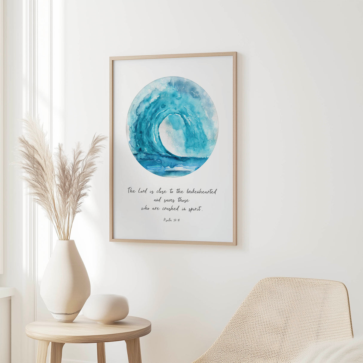 Christian wall art print with a turquoise wave background and Psalm 34:18 verse “The Lord is close,” designed to inspire calm and spiritual encouragement.