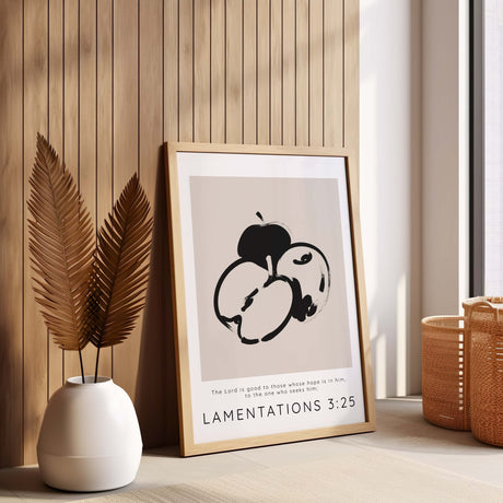 Lamentations 3:25 – The Lord is good Christian wall art print with minimalist apple line drawing on neutral beige background.