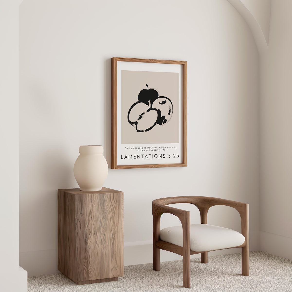 Lamentations 3:25 – Bible verse wall art featuring modern apple illustration and scripture about hope in the Lord.