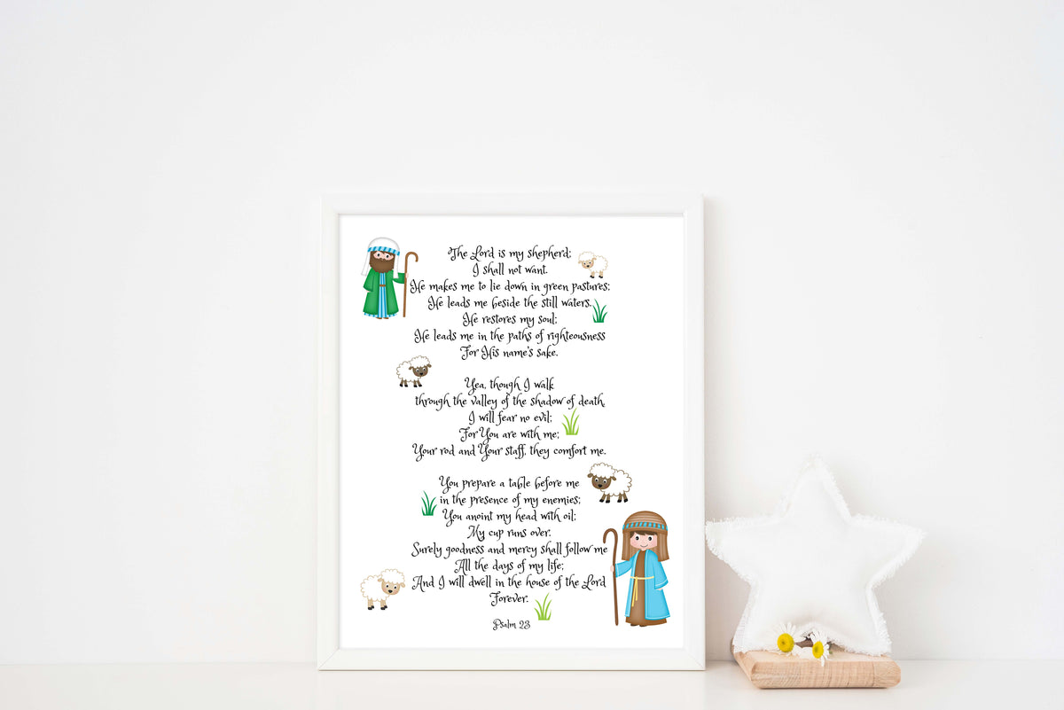 Psalm 23 - Christian nursery art print featuring charming shepherd and sheep illustration with full Psalm 23 scripture text.