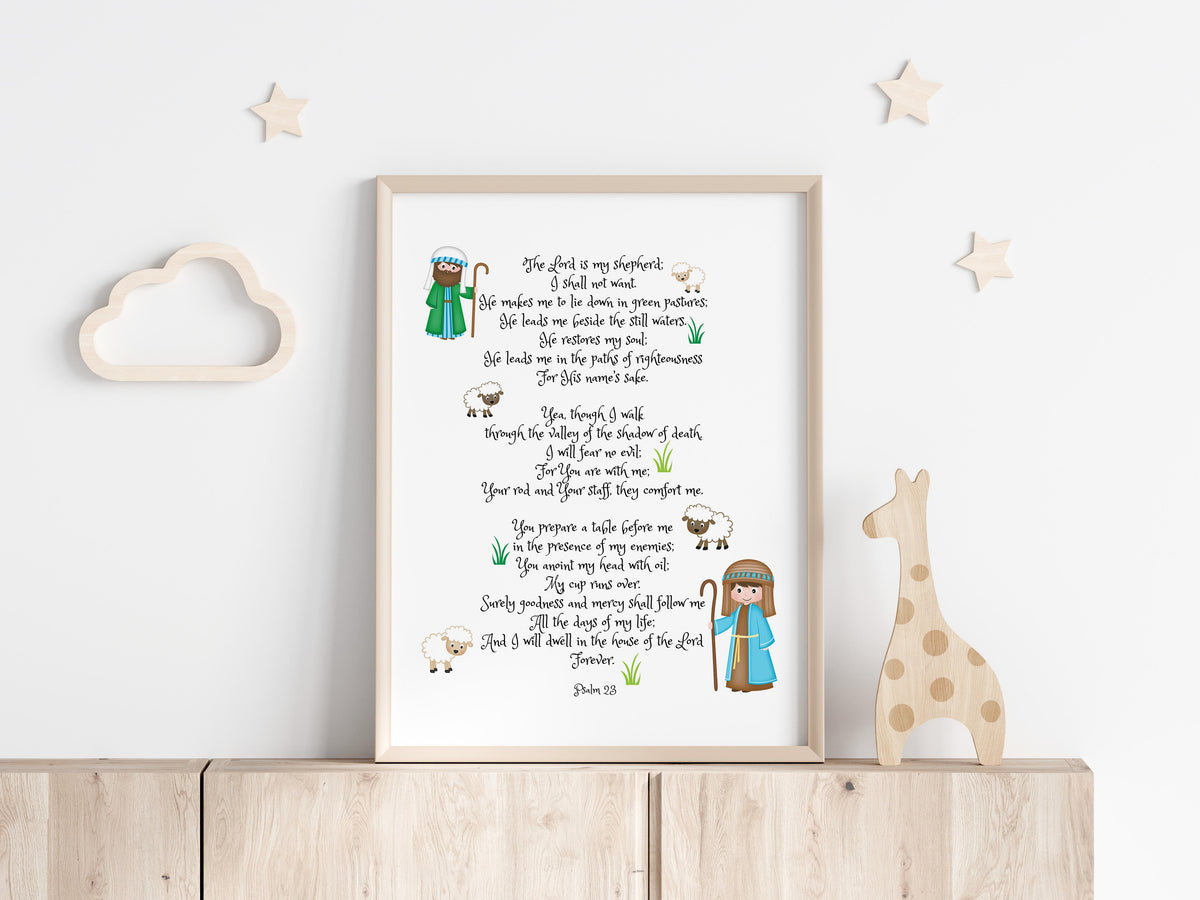 Psalm 23 - The Lord is My Shepherd wall art print with cute shepherd and sheep characters for nursery or children's bedroom.