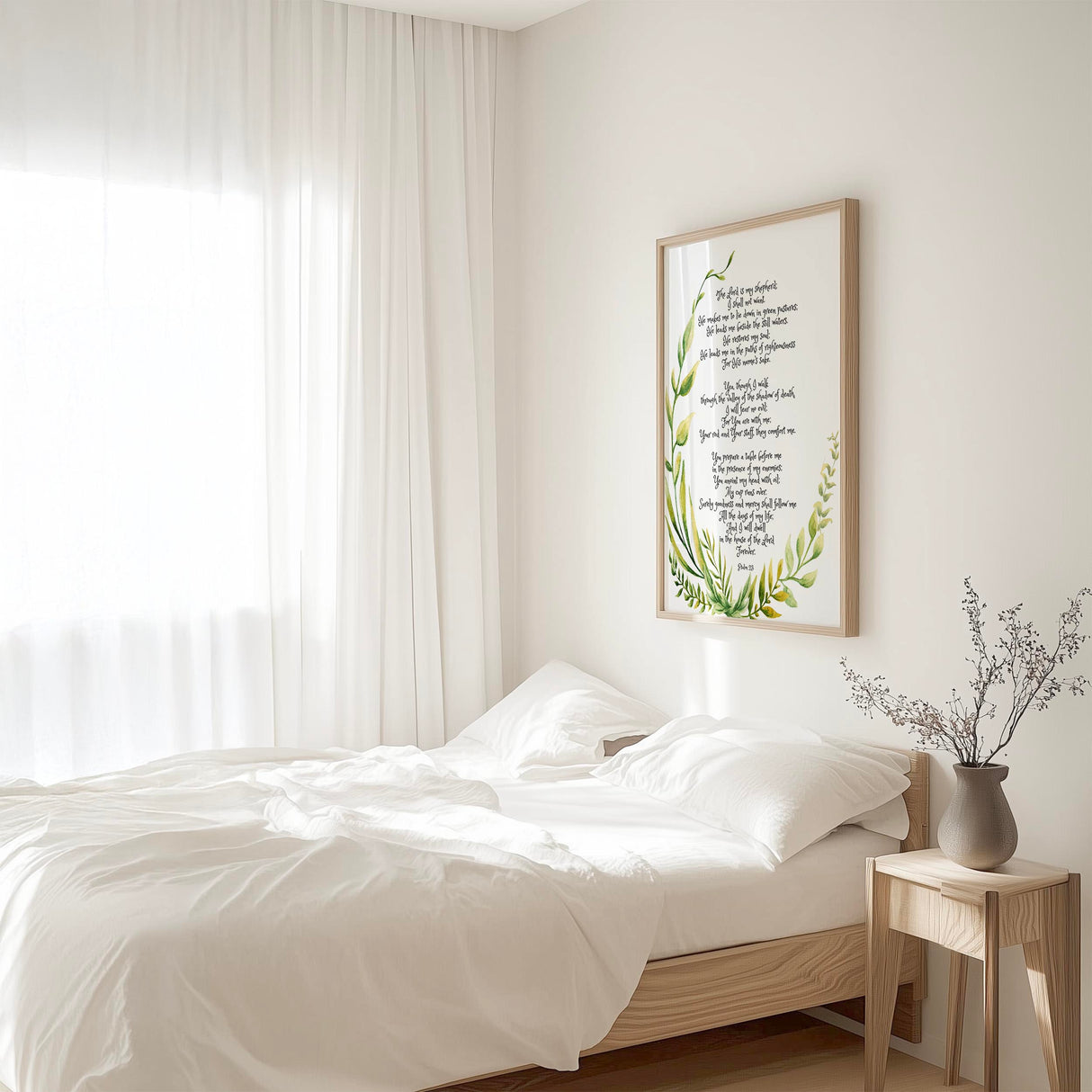 Psalm 23 – The Lord is my shepherd Christian wall art with green botanical wreath and full comforting scripture.