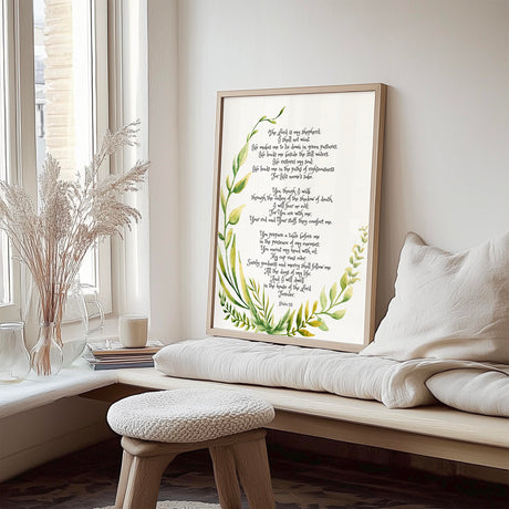 Psalm 23 – Bible verse wall art featuring botanical wreath design and Psalm 23 scripture about God’s guidance and care.