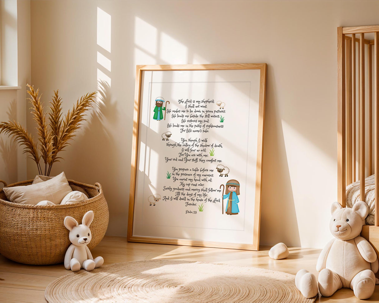 Psalm 23 – Bible verse wall art featuring pastoral shepherd scene and scripture about God’s care and provision.