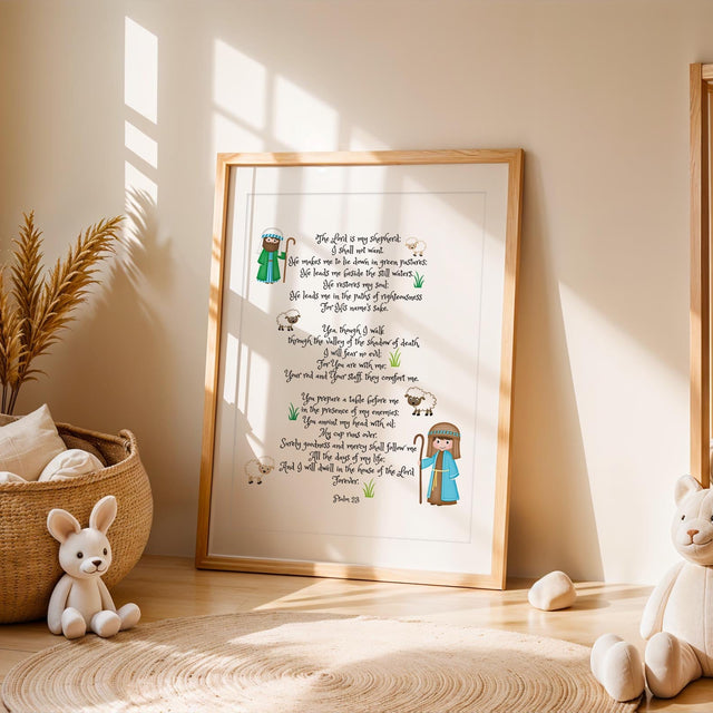 Psalm 23 – Bible verse wall art featuring pastoral shepherd scene and scripture about God’s care and provision.