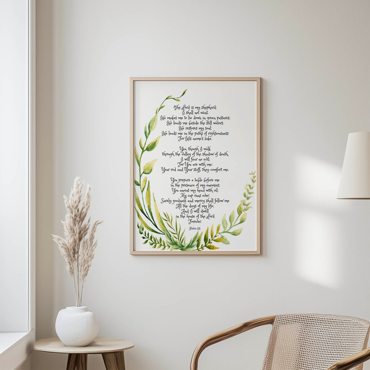 Psalm 23 – Christian scripture wall art with lush green wreath and timeless verse offering peace, trust and reassurance.
