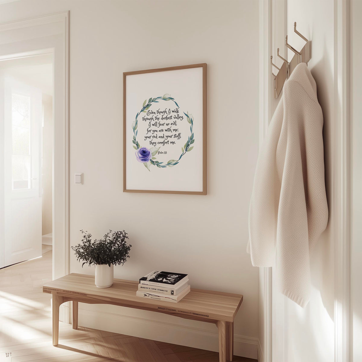 Christian wall art print featuring Psalm 23:4 with a soft watercolour leaf wreath and a delicate violet flower in the corner.