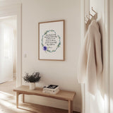 Christian wall art print featuring Psalm 23:4 with a soft watercolour leaf wreath and a delicate violet flower in the corner.