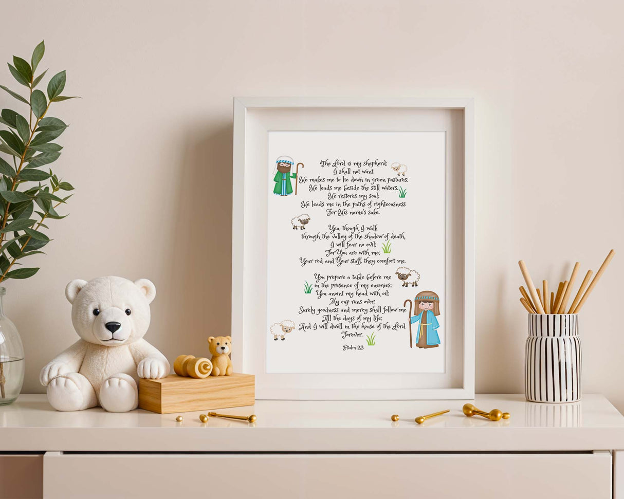 Psalm 23 – Christian scripture wall art with sheep illustration and verse offering comfort, peace and guidance.