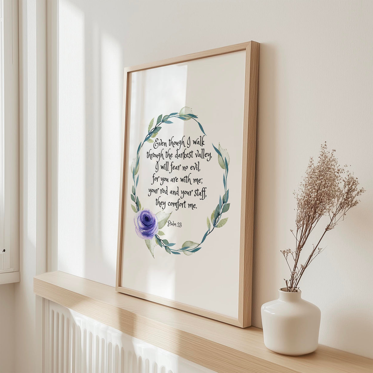 “Even though I walk through the darkest valley” Christian art print with botanical watercolour wreath, designed to bring peace and faith to the home.