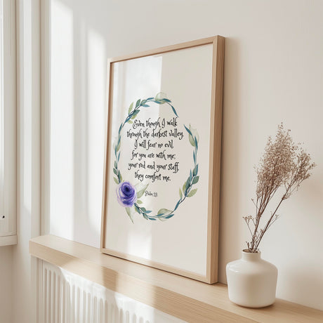 “Even though I walk through the darkest valley” Christian art print with botanical watercolour wreath, designed to bring peace and faith to the home.