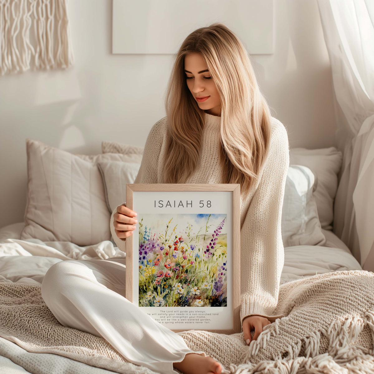 Isaiah 58:11 – Flower garden scripture print with uplifting verse decor.