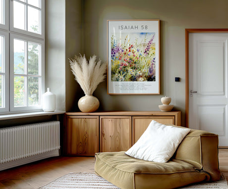Isaiah 58:11 – Christian wall art floral design with encouraging scripture.