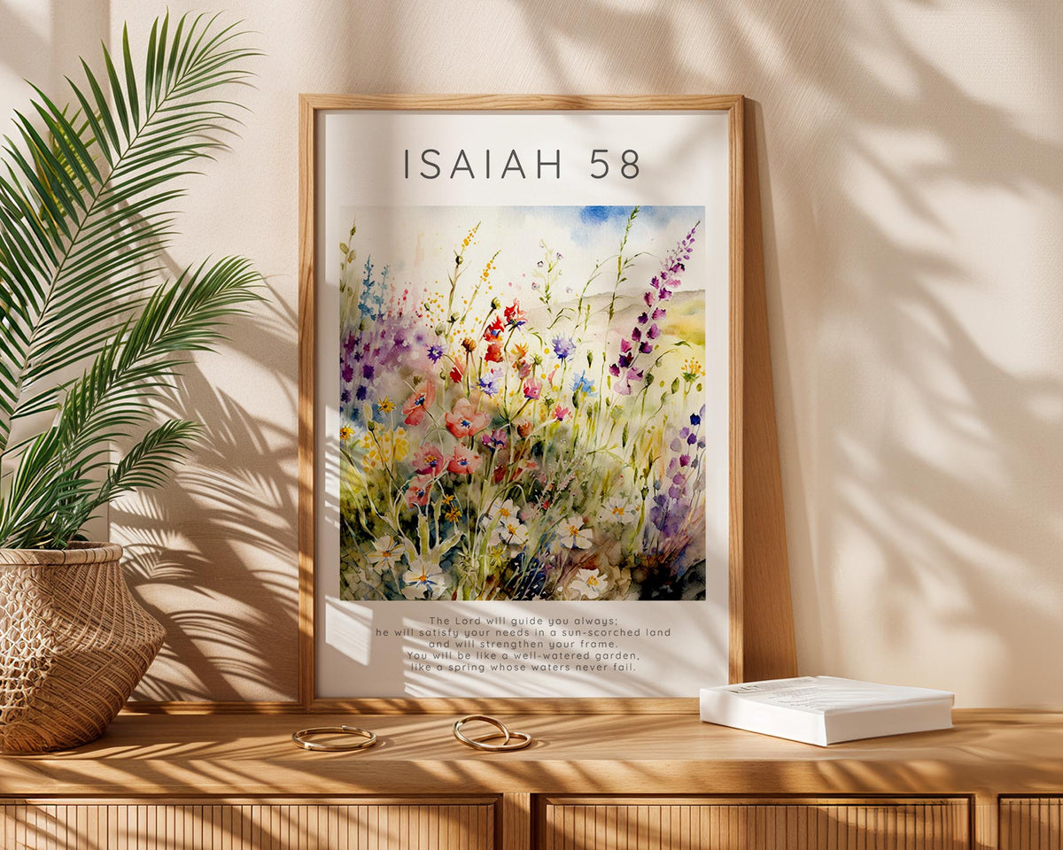 Isaiah 58:11 – Floral meadow Christian wall art print with Bible verse.