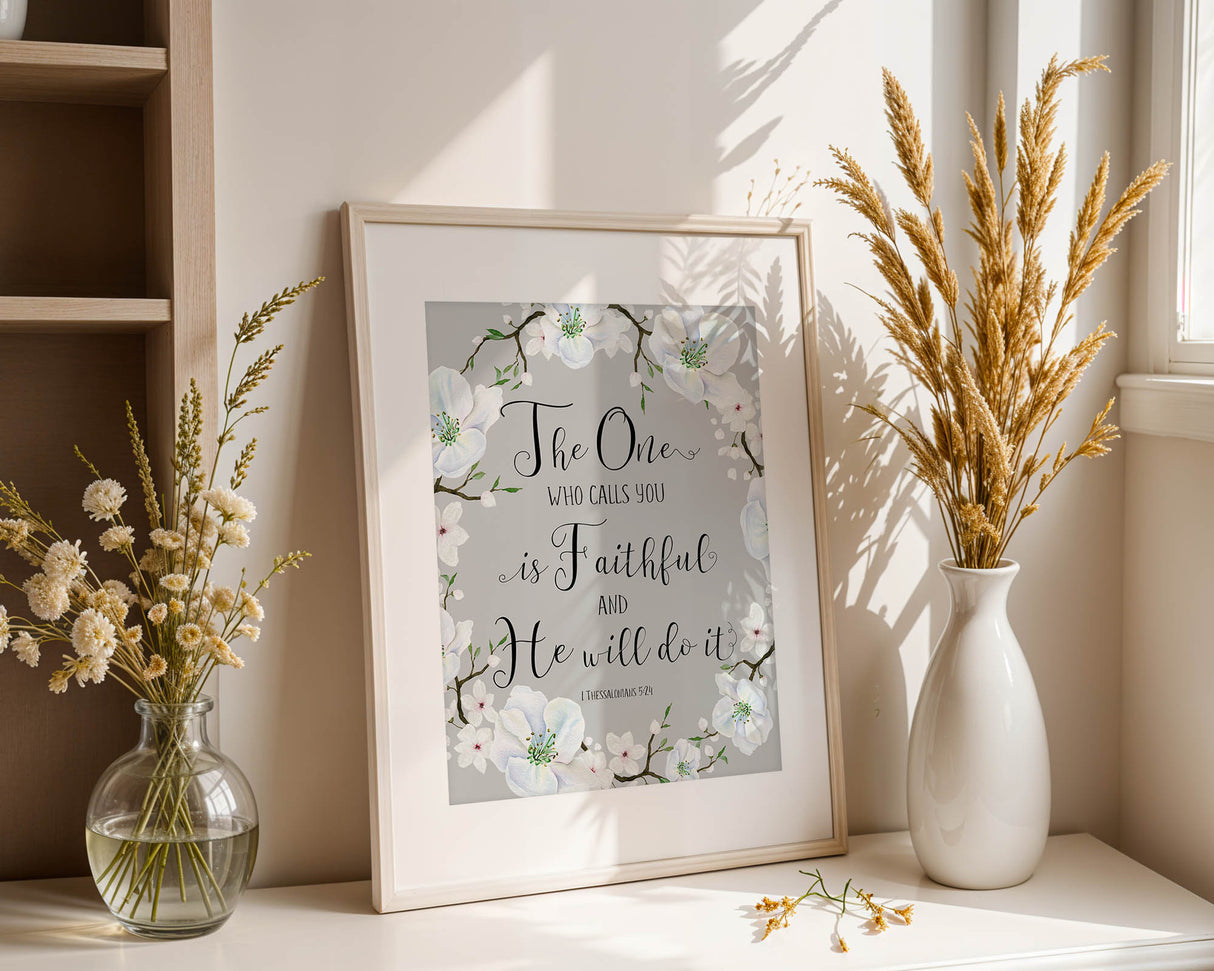 1 Thessalonians 5:24 – Faith inspired Christian wall art with white blossom flowers and scripture about God’s unfailing faithfulness.
