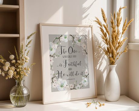 1 Thessalonians 5:24 – Faith inspired Christian wall art with white blossom flowers and scripture about God’s unfailing faithfulness.