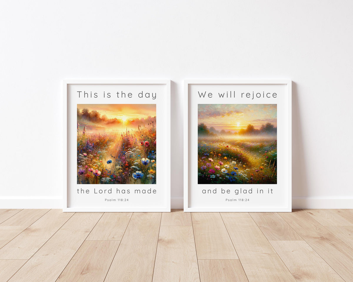Bible verse prints set with Psalm 118:24 in a sunrise meadow, perfect for Christian gifts.
