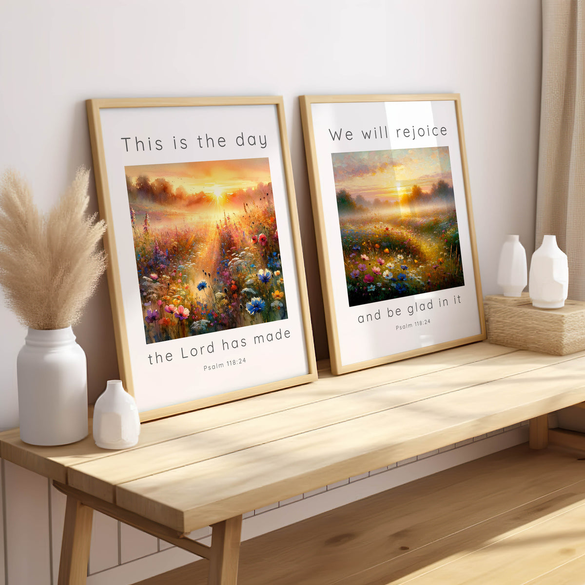 Psalm 118:24 – This is the day the Lord has made Christian wall art set with sunrise meadow and joyful Bible verse prints.