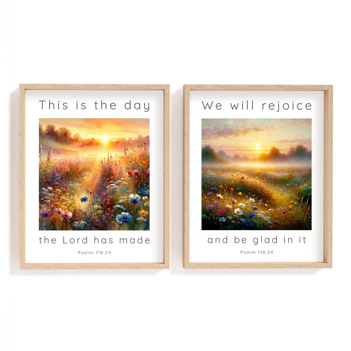 Psalm 118:24 – Scripture wall art pair with sunrise landscape and Bible verse celebrating joy in the Lord’s day.