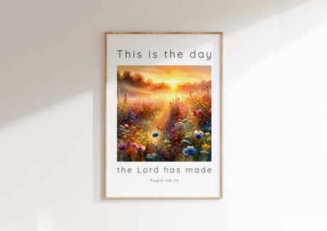Meadow sunrise Bible verse wall art with Psalm 118:24 quotes, a meaningful Christian gift.