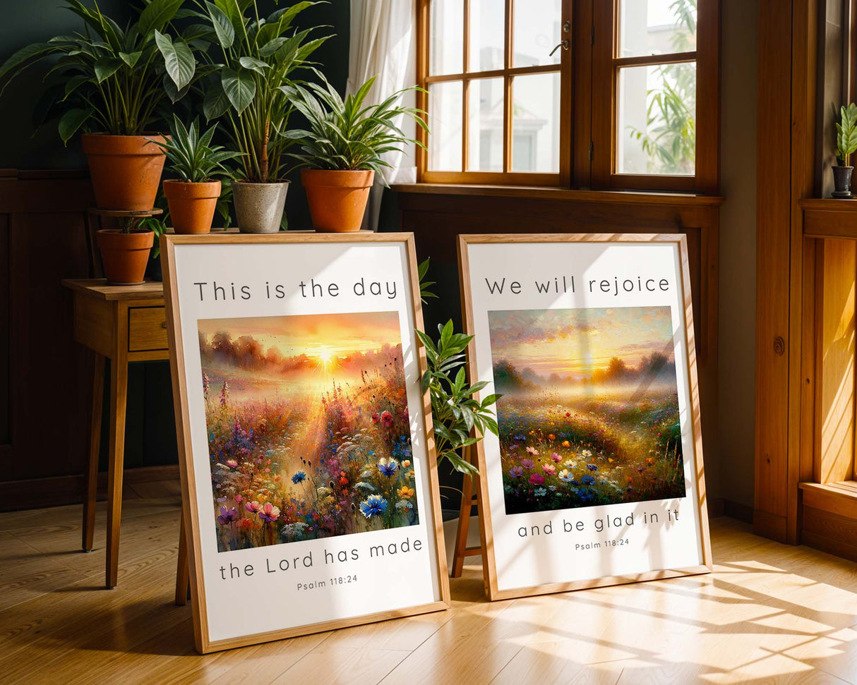 Psalm 118:24 – Bible verse wall art print set featuring meadow sunrise and scripture about rejoicing in the day God has made.