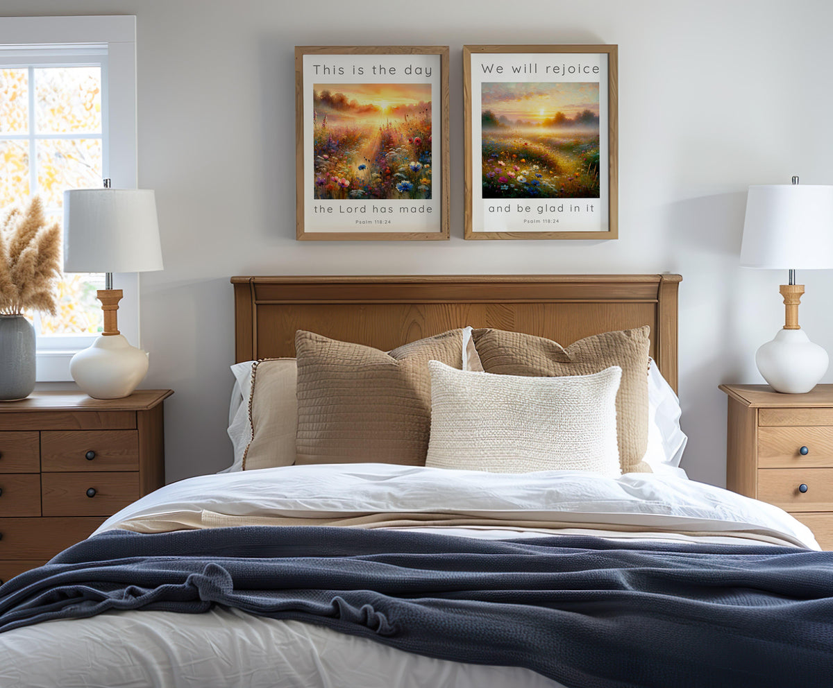 Psalm 118:24 – Bible verse wall decor set featuring warm sunrise meadow artwork and joyful Christian scripture.