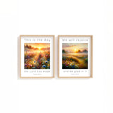 Psalm 118:24 – Scripture wall art pair with sunrise landscape and Bible verse celebrating joy in the Lord’s day.