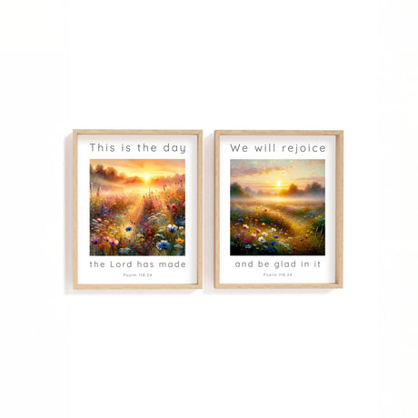 Psalm 118:24 – Scripture wall art pair with sunrise landscape and Bible verse celebrating joy in the Lord’s day.