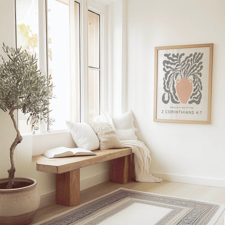 2 Corinthians 4:7 - Treasure in jars of clay Christian Bible verse wall art with minimalist vase artwork and soft neutral tones.