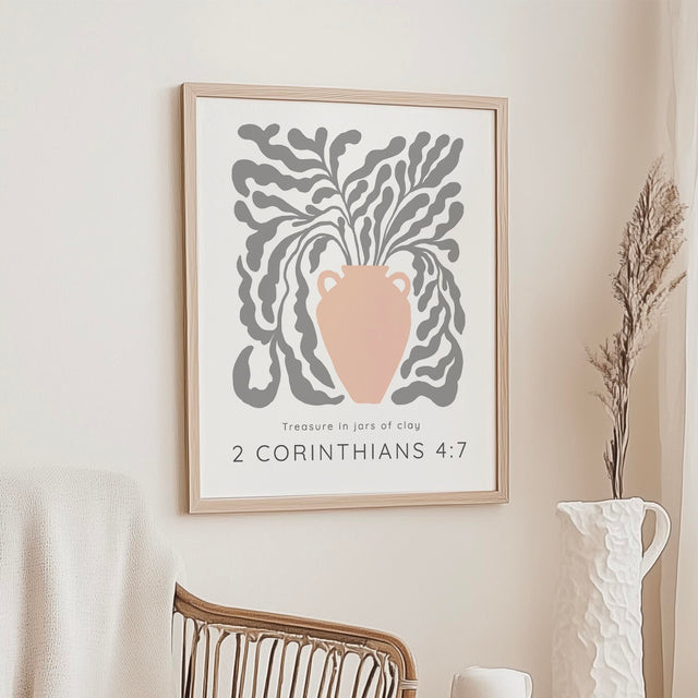 2 Corinthians 4:7 - Christian wall art print featuring peach vase with delicate grey vine and Bible verse Treasure in jars of clay.