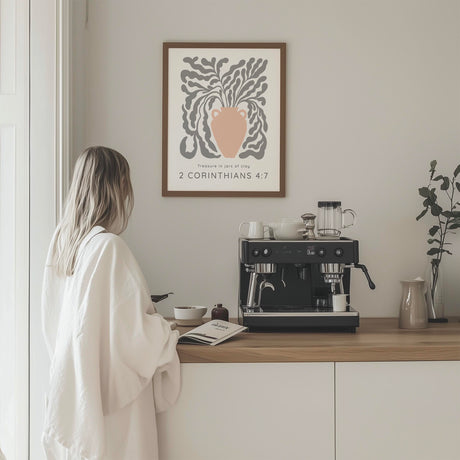 2 Corinthians 4:7 - Inspirational Christian wall art showing elegant vase illustration with scripture about strength and faith.