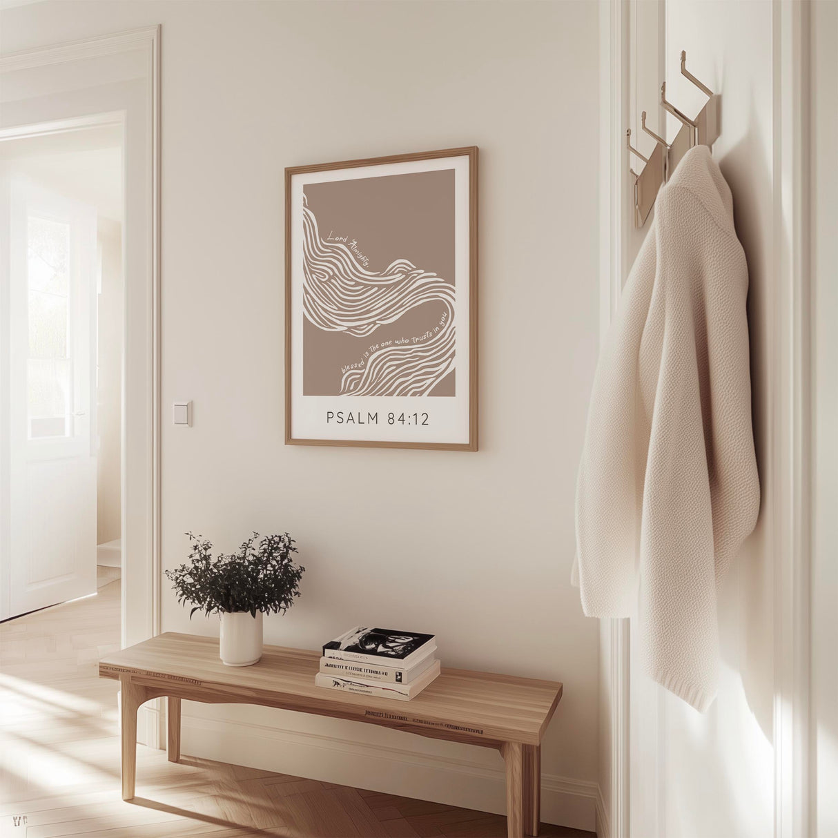 Psalm 84:12 - Inspirational Christian wall art print showing serene river imagery with scripture about trusting in the Lord Almighty.