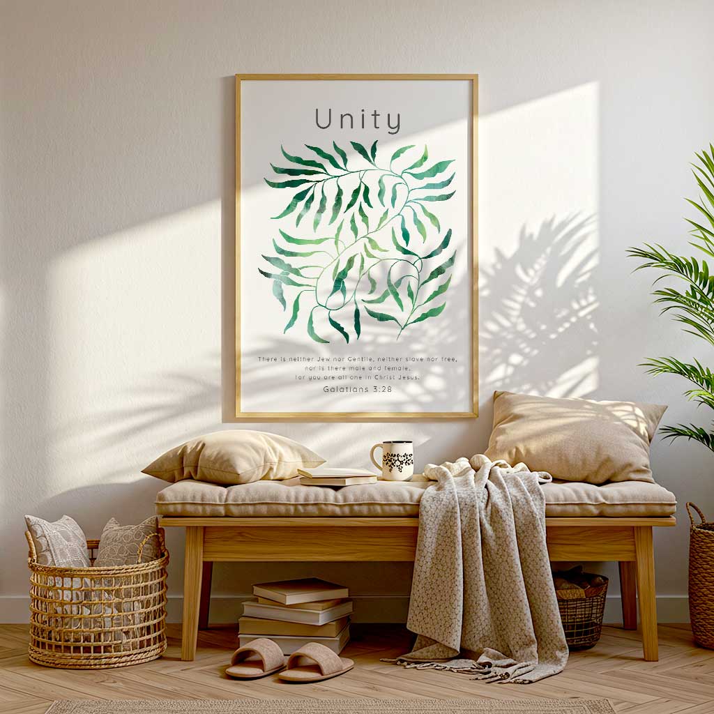 Galatians 3:28 - Christian unity wall art with flowing watercolour botanical design in fresh layered green tones.