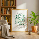 Galatians 3:28 - All One In Christ biblical poster with intertwining green leaves on clean white background.