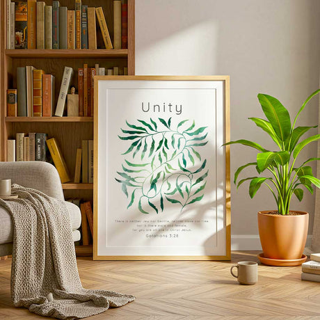 Galatians 3:28 - All One In Christ biblical poster with intertwining green leaves on clean white background.