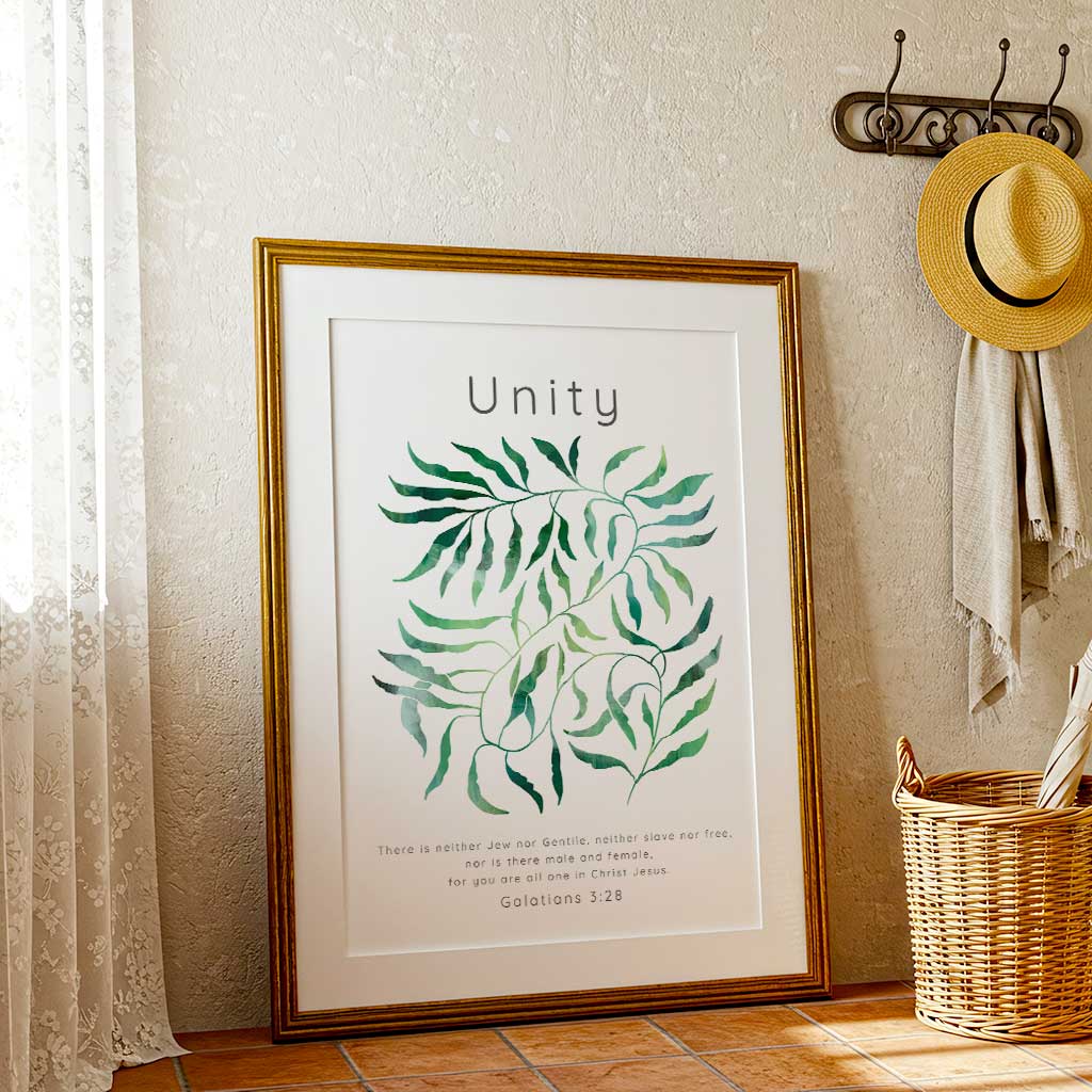 Galatians 3:28 - Christian unity Bible verse wall art with intertwining watercolour green leaves and Unity heading on white background.