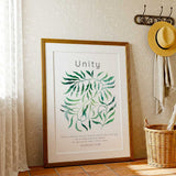 Galatians 3:28 - Christian unity Bible verse wall art with intertwining watercolour green leaves and Unity heading on white background.