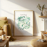 Galatians 3:28 - All One In Christ scripture quote featuring flowing botanical leaf design in layered green watercolour tones.
