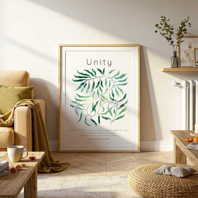 Galatians 3:28 - All One In Christ scripture quote featuring flowing botanical leaf design in layered green watercolour tones.