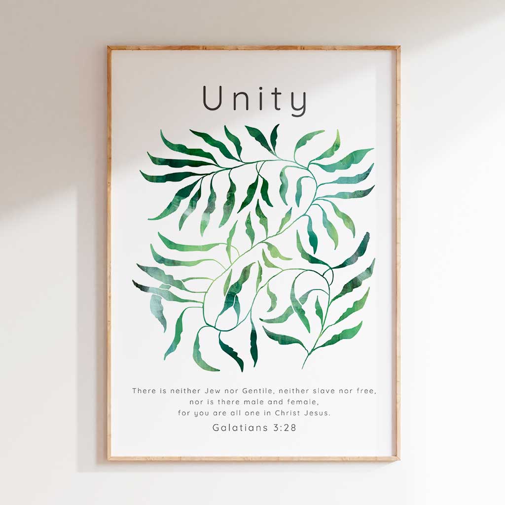 Galatians 3:28 - Biblical poster featuring intertwining green leaf illustration and Galatians 3:28 unity scripture text.