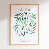 Galatians 3:28 - Biblical poster featuring intertwining green leaf illustration and Galatians 3:28 unity scripture text.